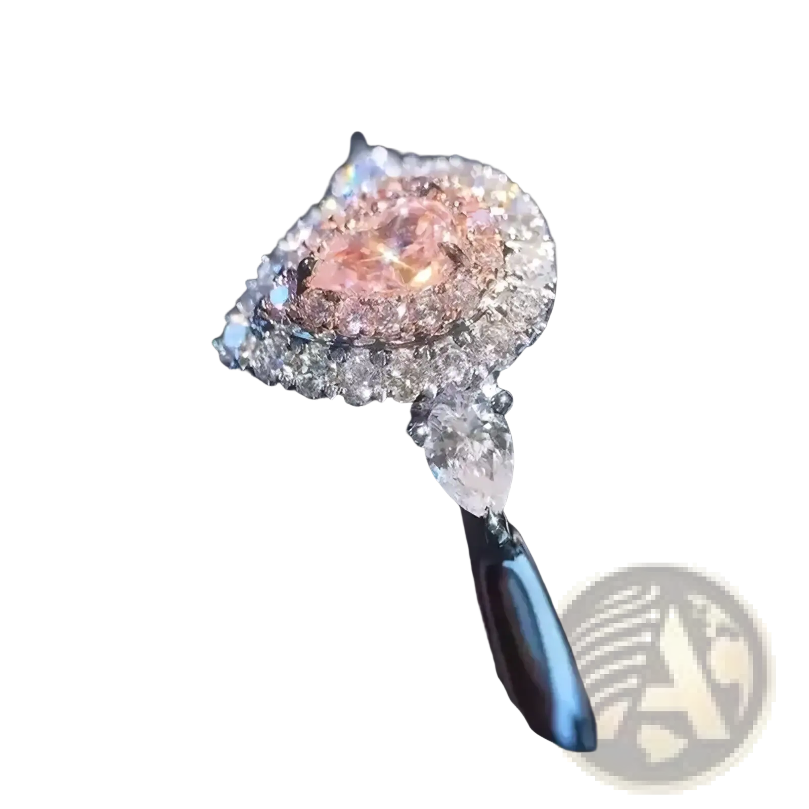 A pink teardrop zircon engagement ring with a central pear-shaped pink diamond and a dangling teardrop-cut diamond