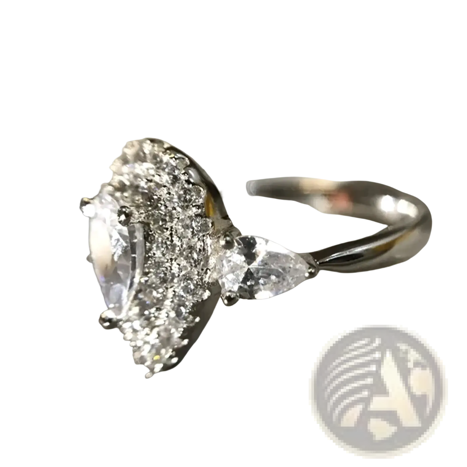 A sparkling silver pink teardrop zircon engagement ring with pear-shaped diamond and triangular side stones haloed