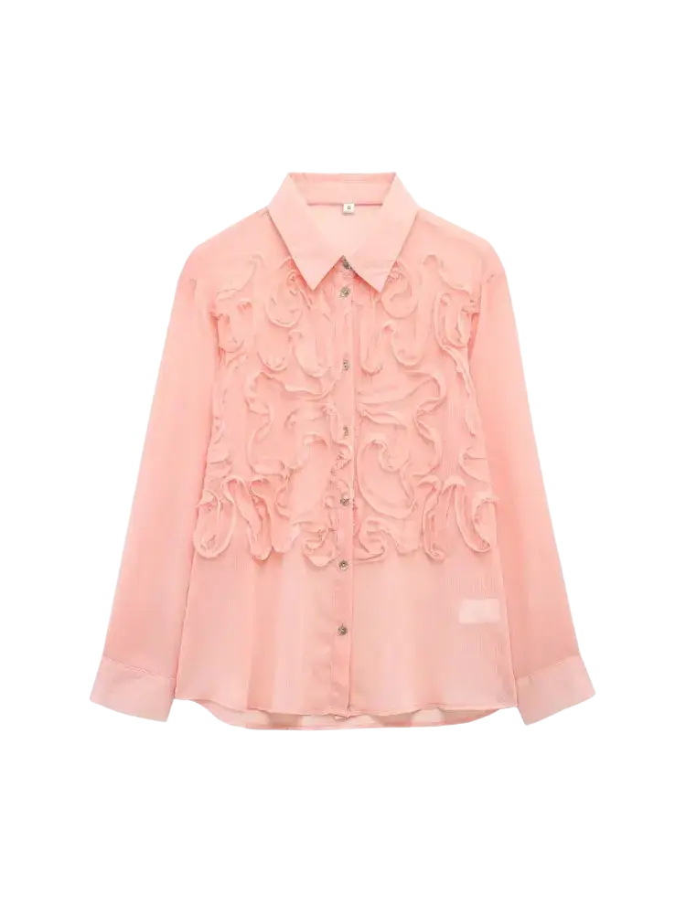 Pink textured ruffled button up blouse with intricate floral embroidery on sheer lightweight fabric and long sleeves