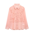 A delicate pink textured ruffled button up blouse with intricate floral embroidery on lightweight sheer fabric