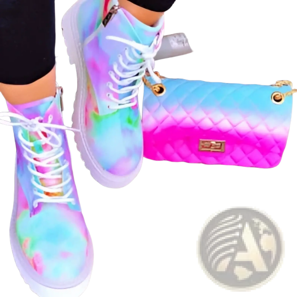 Pastel tie dye pink combat boots with chunky white sole white laces gold eyelets paired with gradient quilted clutch