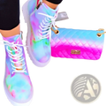 Pastel tie dye pink combat boots with chunky white sole white laces gold eyelets paired with gradient quilted clutch