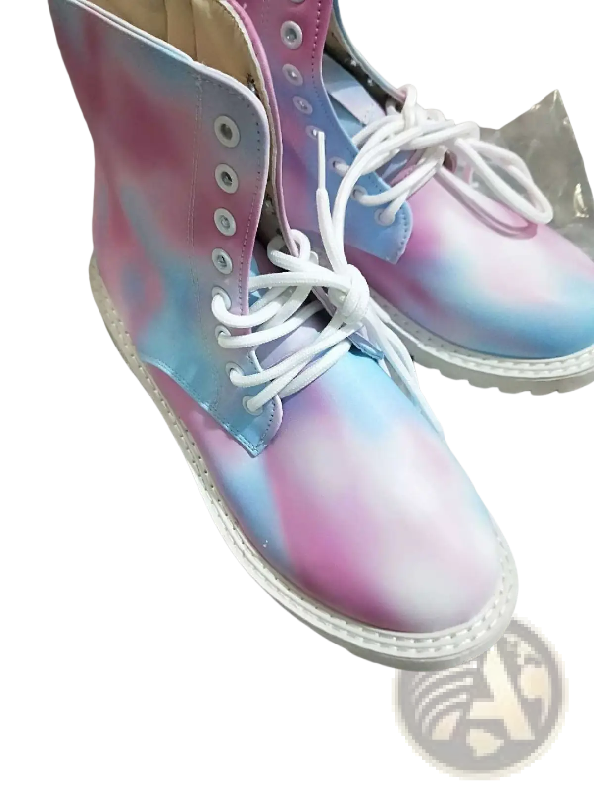 Pink tie dye combat boots with pastel pink and blue high-top design white laces and chunky white sole