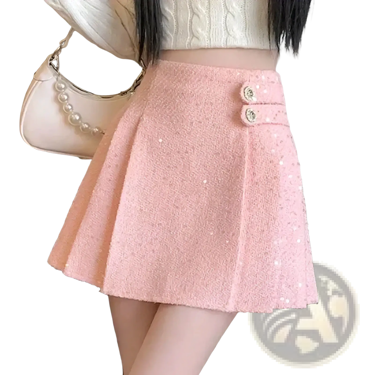 Pink tweed pleated mini skirt featuring two decorative buttons at the waist in a soft pink hue
