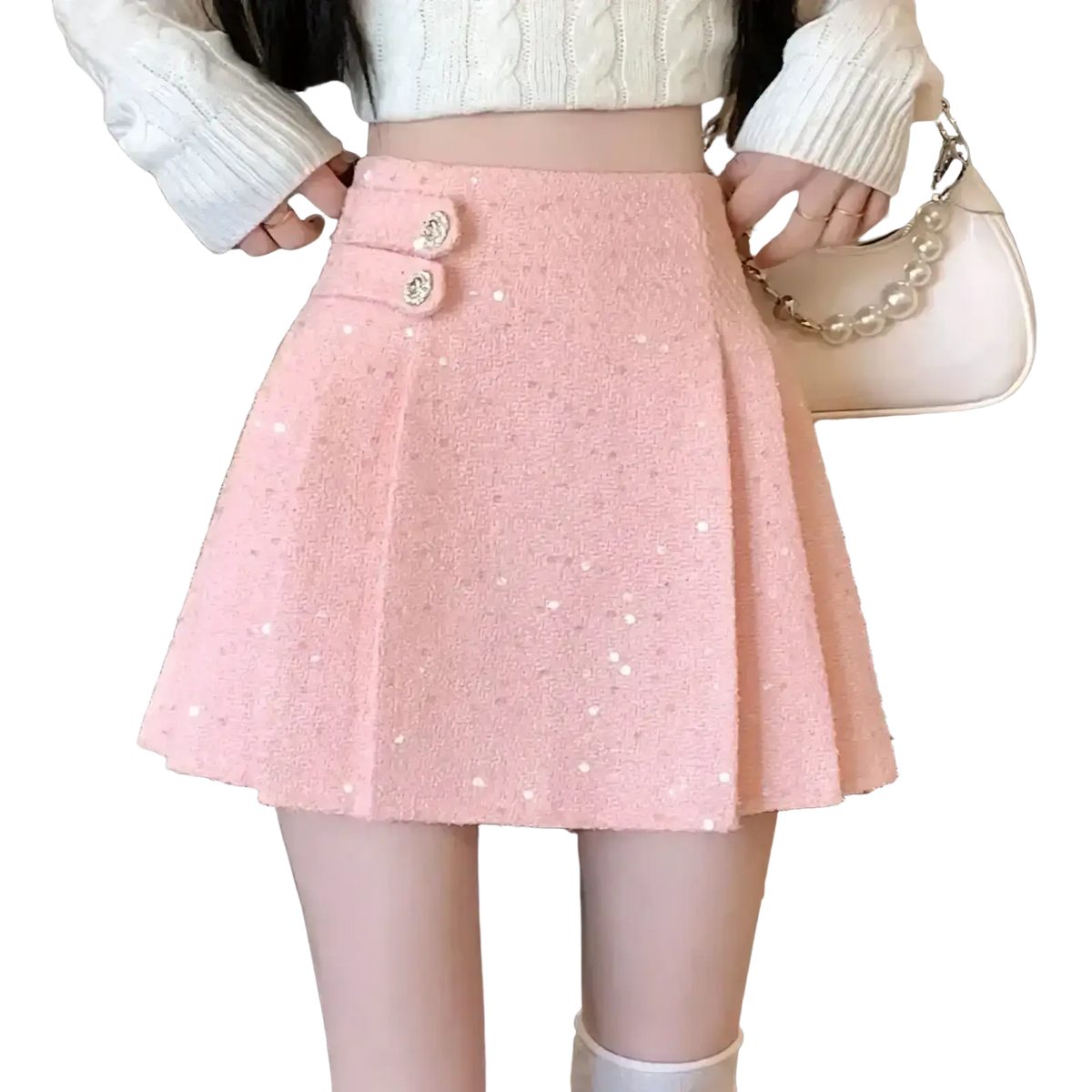 Pink tweed pleated mini skirt featuring textured fabric and two silver-toned decorative buttons at the waist