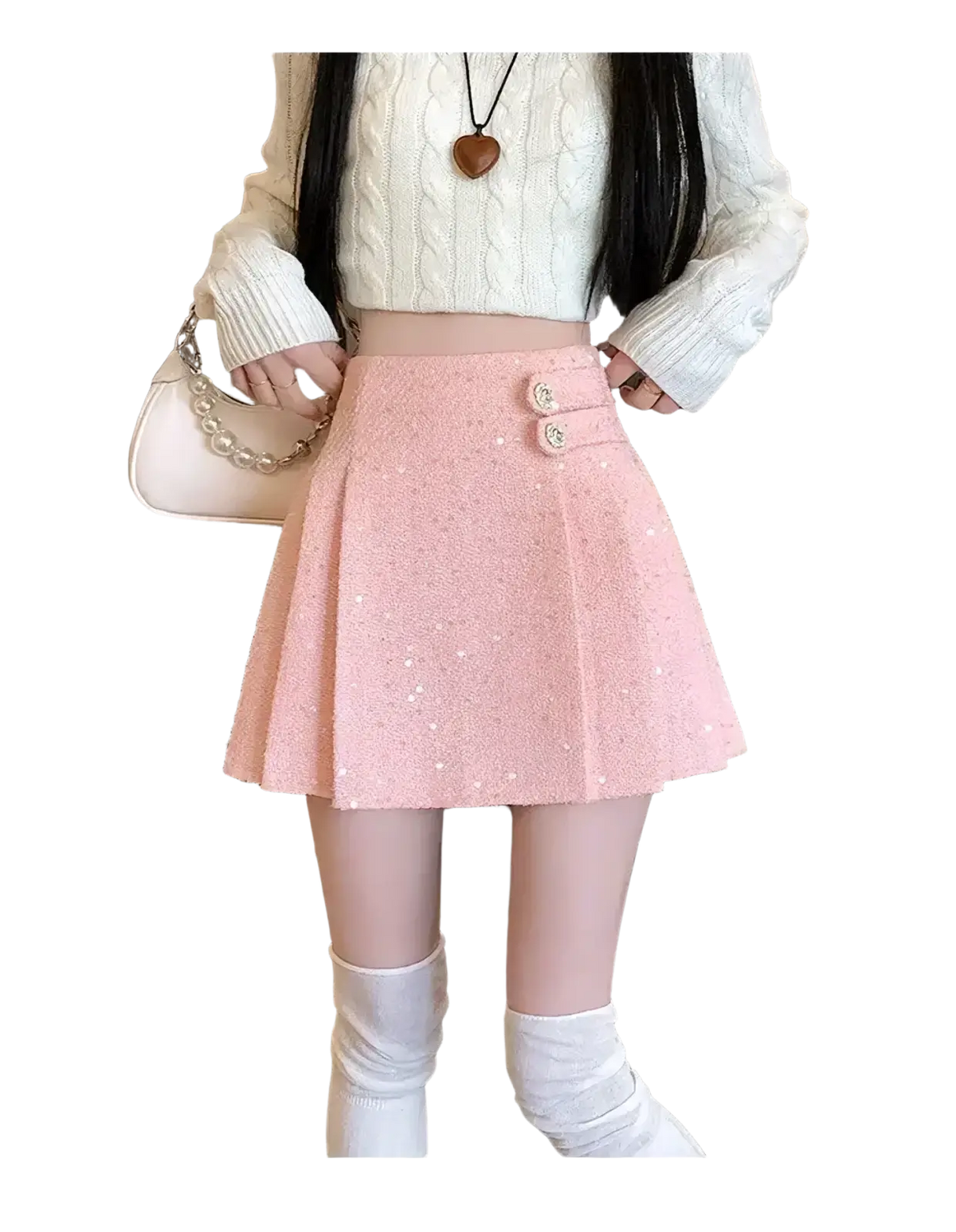 Pink tweed pleated mini skirt with textured fabric glittery speckles and two decorative waist buttons