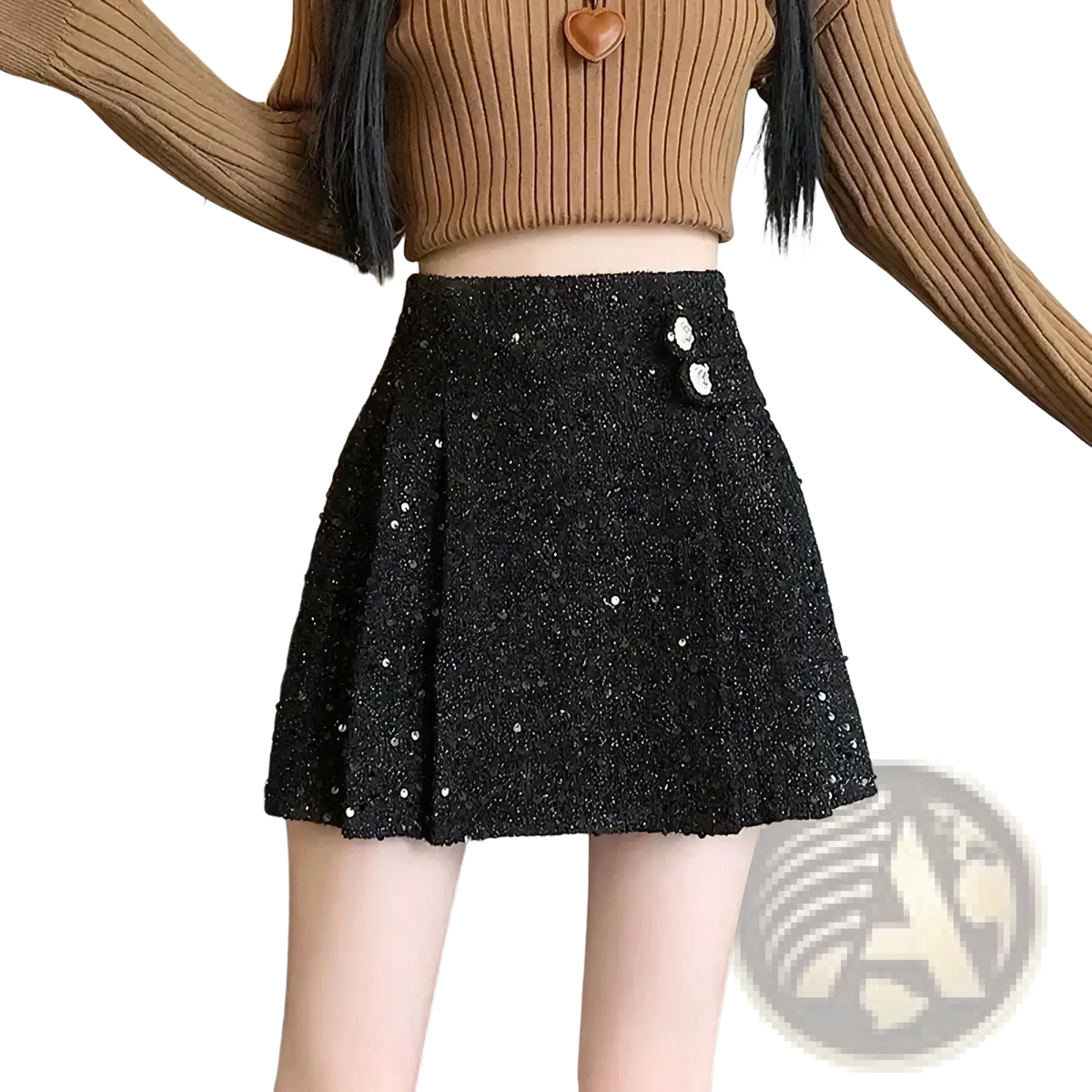Black sequined pleated mini skirt with silver button accents combines elegance with modern design
