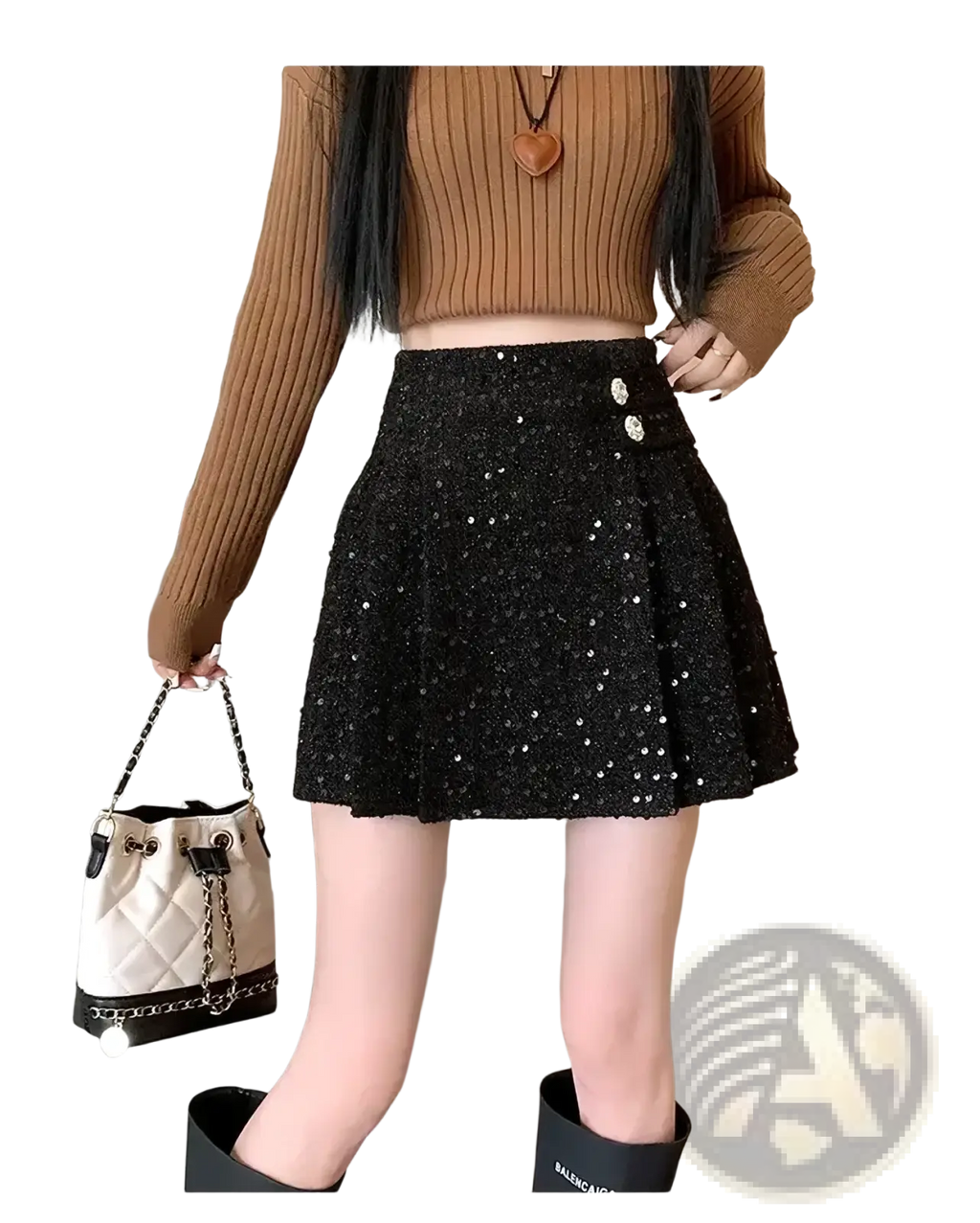 Black pleated mini skirt with textured tweed fabric and scattered silver sequins for stylish occasions