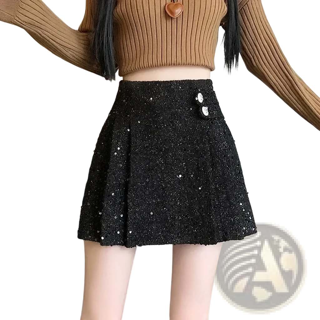 Black sequined pleated mini skirt with silver button accents shown from the front for a stylish evening look