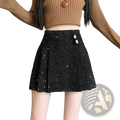 Black sequined pleated mini skirt with silver button accents shown from the front for a stylish evening look