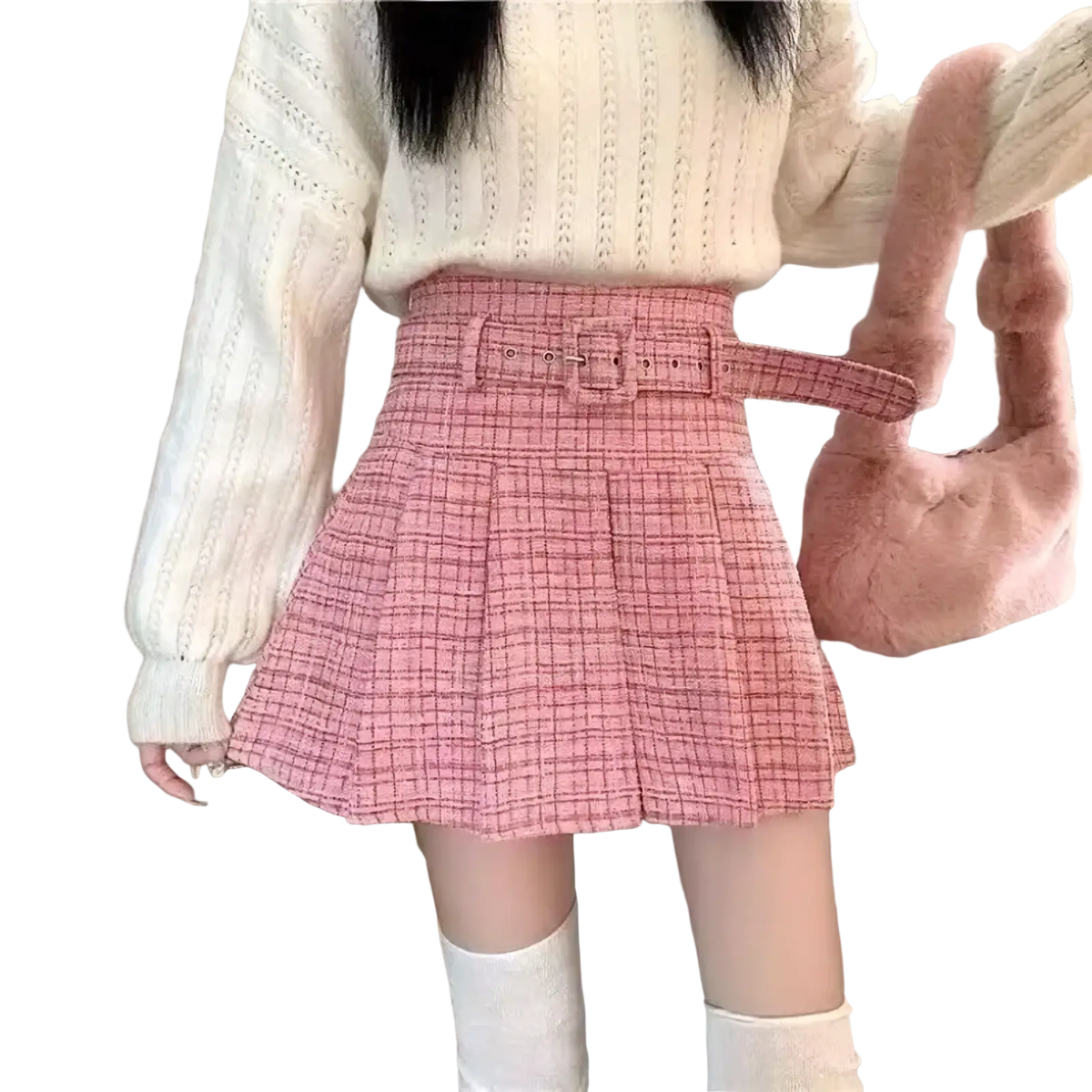 Pink tweed pleated mini skirt with pink plaid pattern and matching belt for stylish casual wear