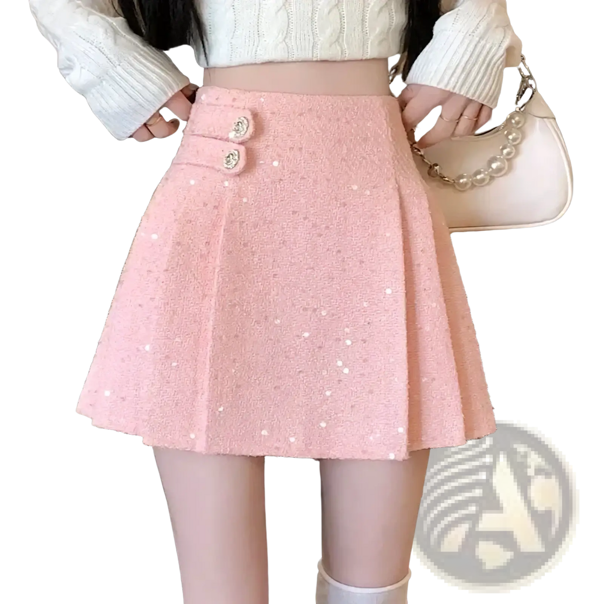 Pink tweed pleated mini skirt with textured fabric glittery embellishments and decorative buttons at the waist