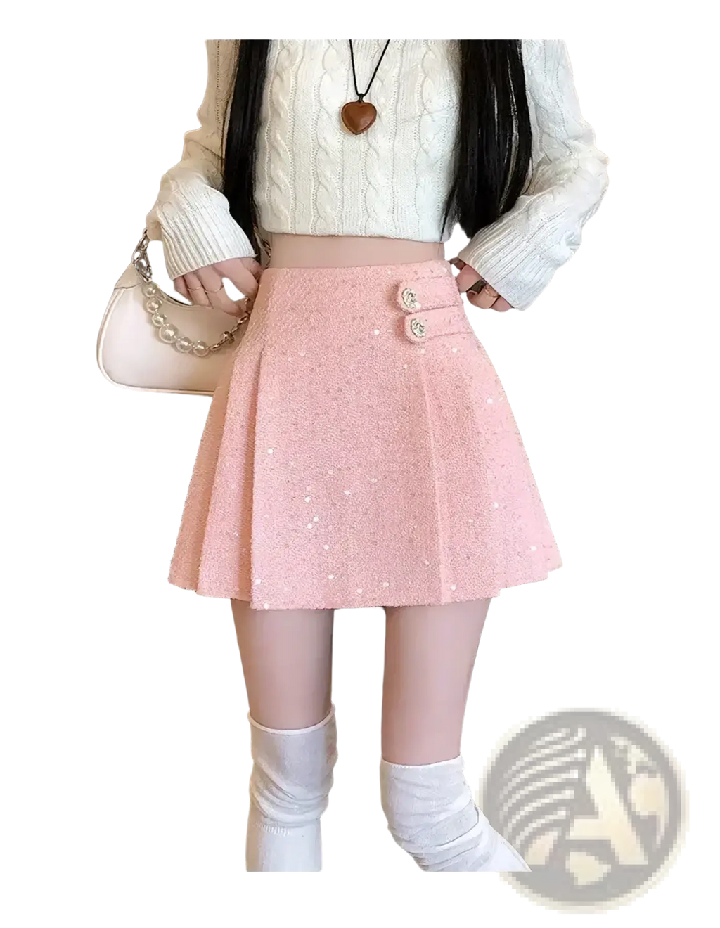 Pink tweed pleated mini skirt with textured fabric glittery speckles and two decorative waist buttons