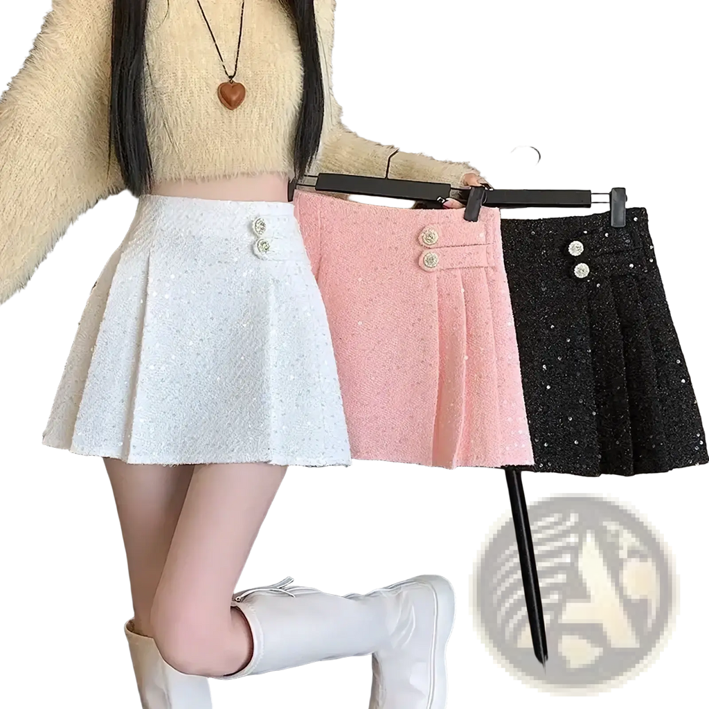 Three pleated mini skirts in white pink and black with sparkling tweed texture and matching button details