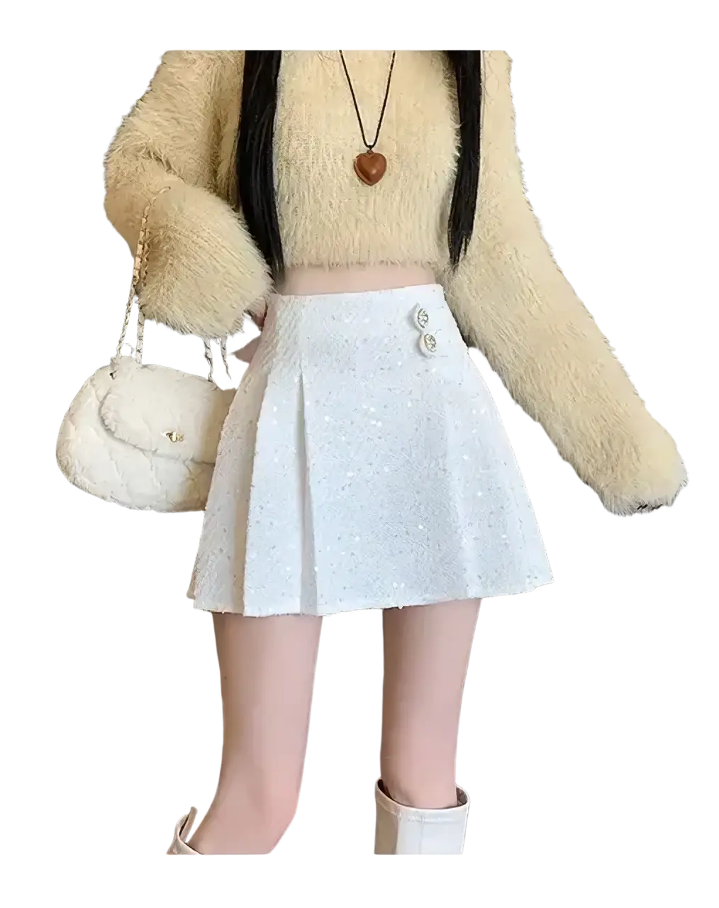 Pink tweed pleated mini skirt in white glittery textured fabric with two decorative buttons at the waist