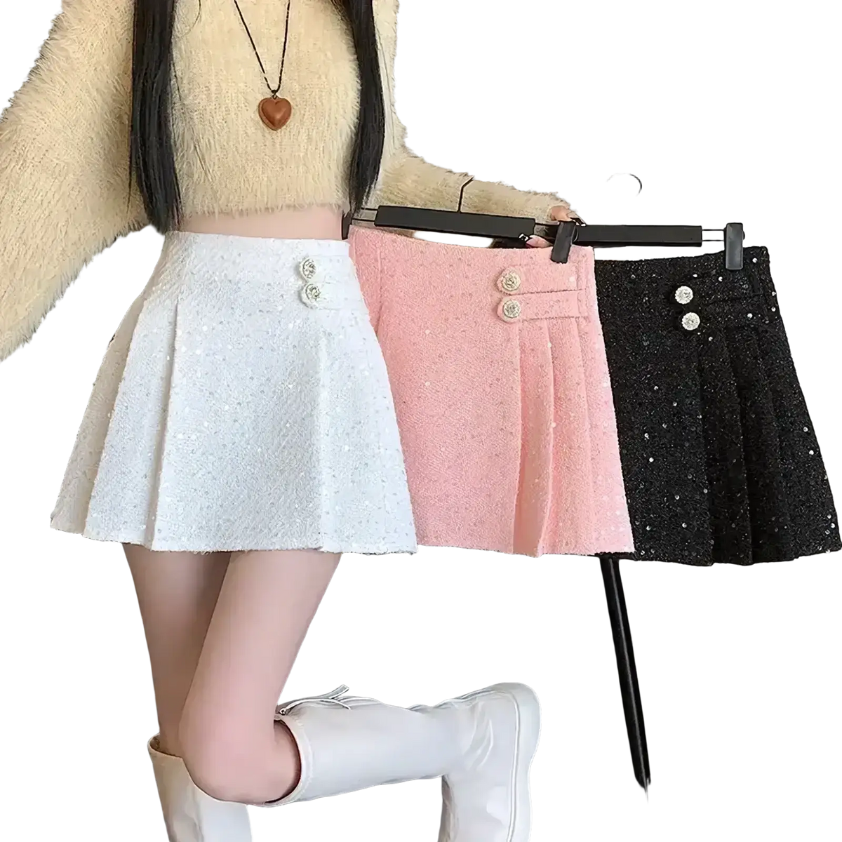 White pleated mini skirt in glittery textured fabric with two decorative buttons at the waist for a chic look