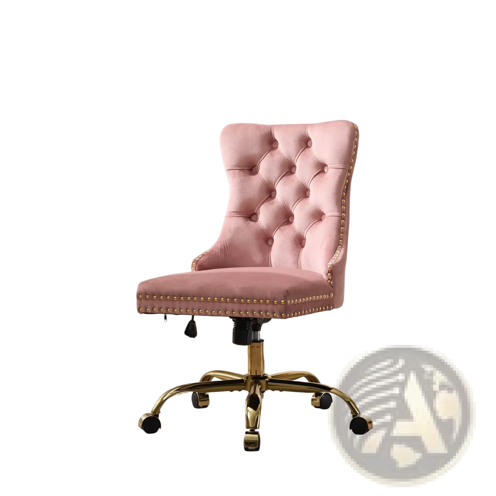 Pink velvet tufted office chair with gold nailhead trim and brass finished base for stylish workspace seating