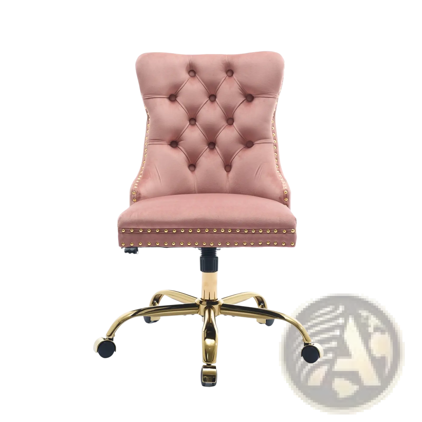 Pink velvet tufted office chair with gold nailhead trim and brass-finished base for stylish workspace seating
