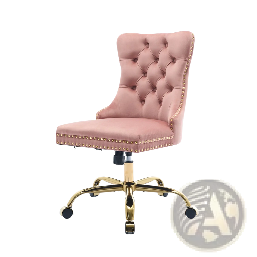 A blush pink velvet tufted office chair with gold-tone nailhead trim and a polished brass base