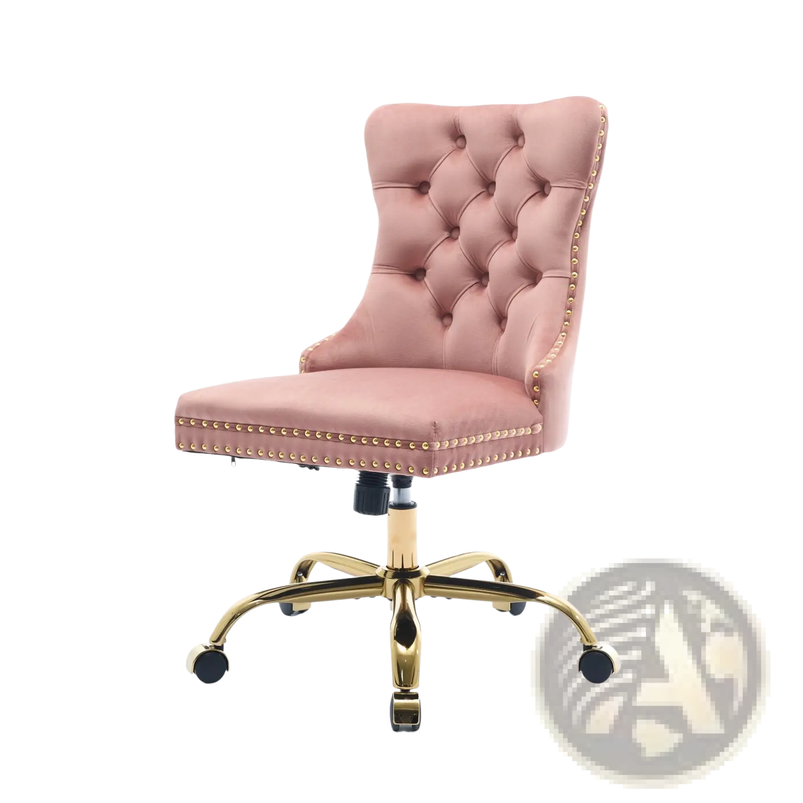 A blush pink velvet tufted office chair with gold-tone nailhead trim and a polished brass base
