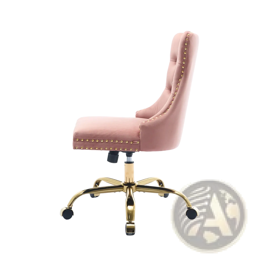 Pink velvet tufted office chair with blush pink upholstery gold-tone metal accents and nailhead trim