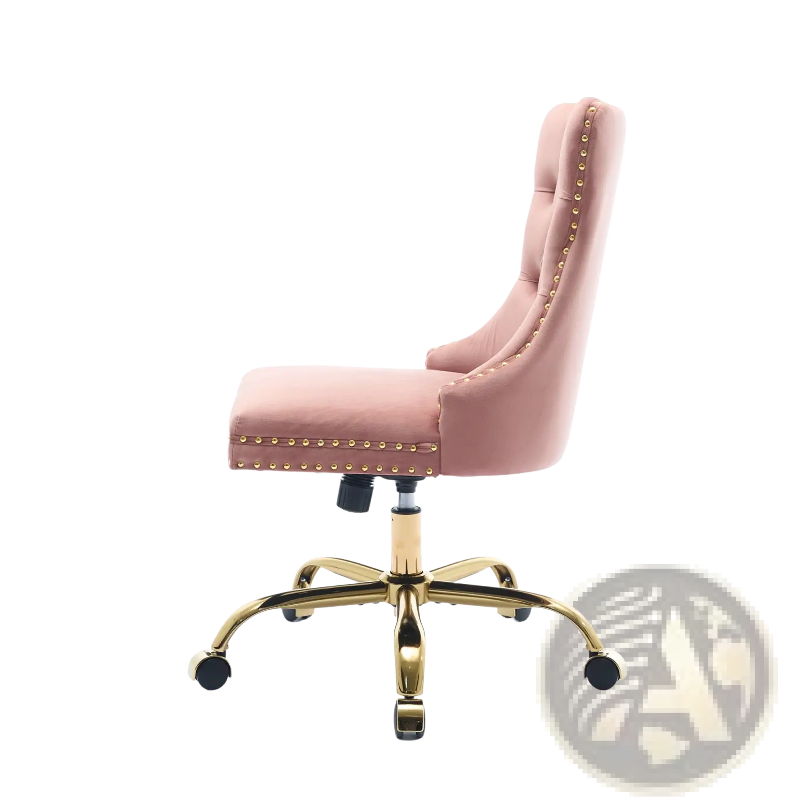 Pink velvet tufted office chair with blush pink upholstery gold-tone metal accents and nailhead trim