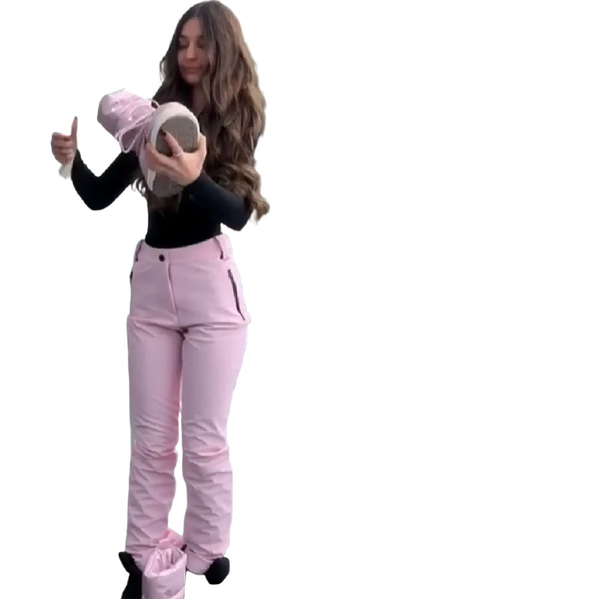 Pink waterproof women ski suit hooded winter snowwear with insulated snow pants black boots and matching pink hat