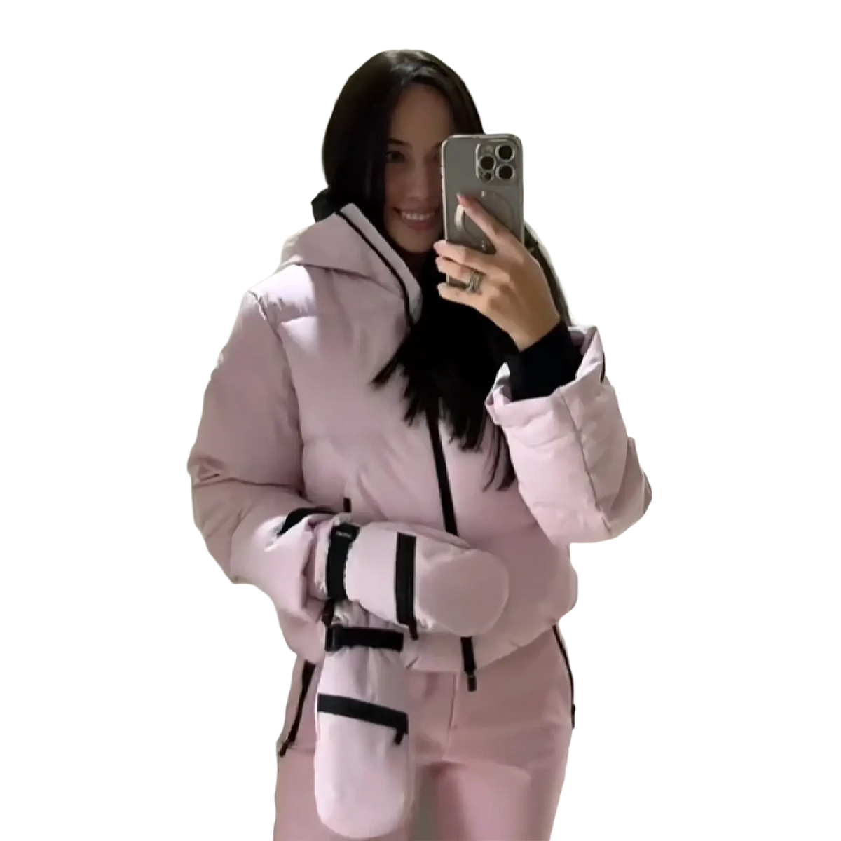 Pink waterproof women ski suit with hooded puffer jacket featuring black trim and matching pants for winter snowwear