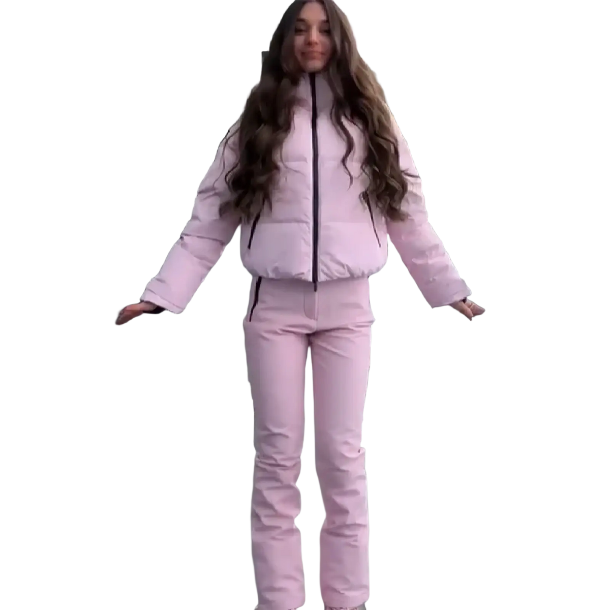 Pink waterproof women ski suit with hooded puffer jacket and matching snowwear pants for winter outdoor use