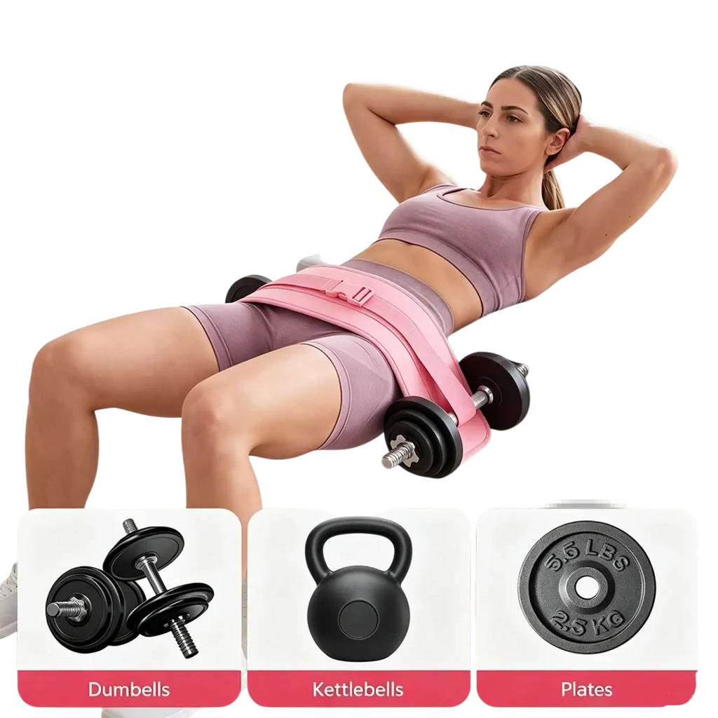 Pink weighted hip thrust belt with soft padding metal buckles and adjustable strap for glute training