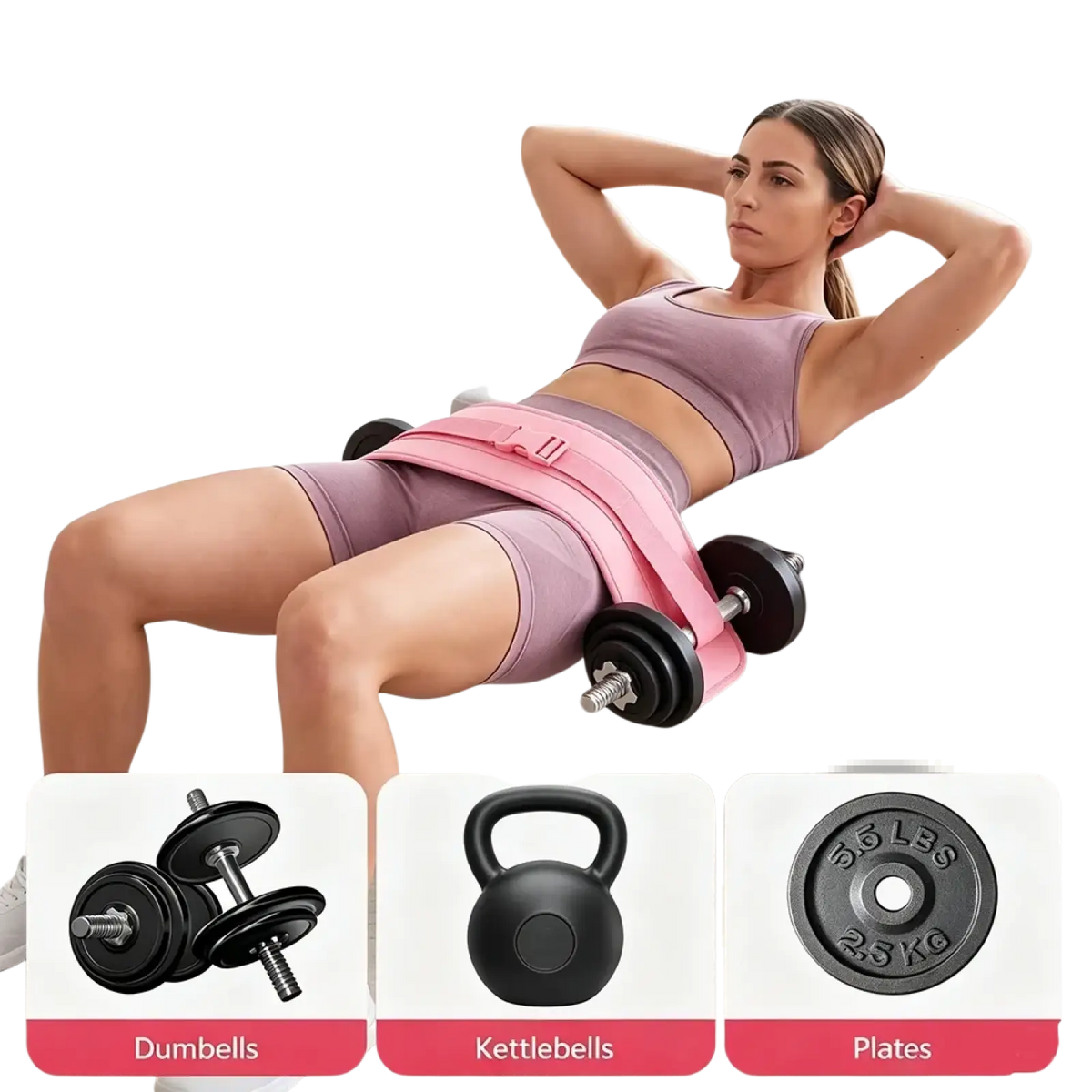 Pink weighted hip thrust belt with soft padding metal buckles and adjustable strap for glute training