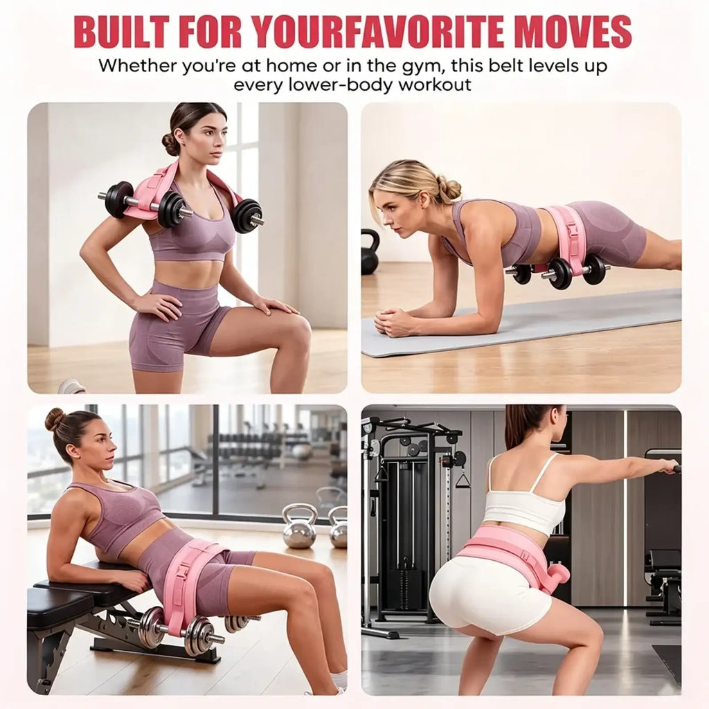 Pink weighted hip thrust belt with adjustable straps and metal hardware for glute training shown from back side