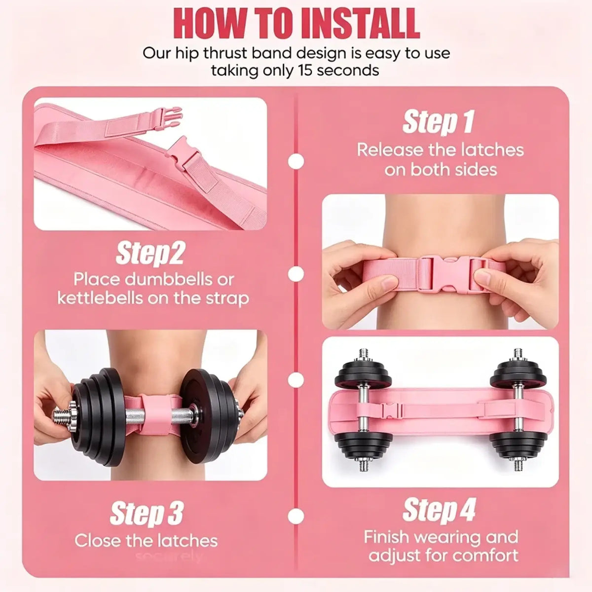 Pink weighted hip thrust belt with adjustable plastic buckles and padded straps for securing dumbbells or kettlebells