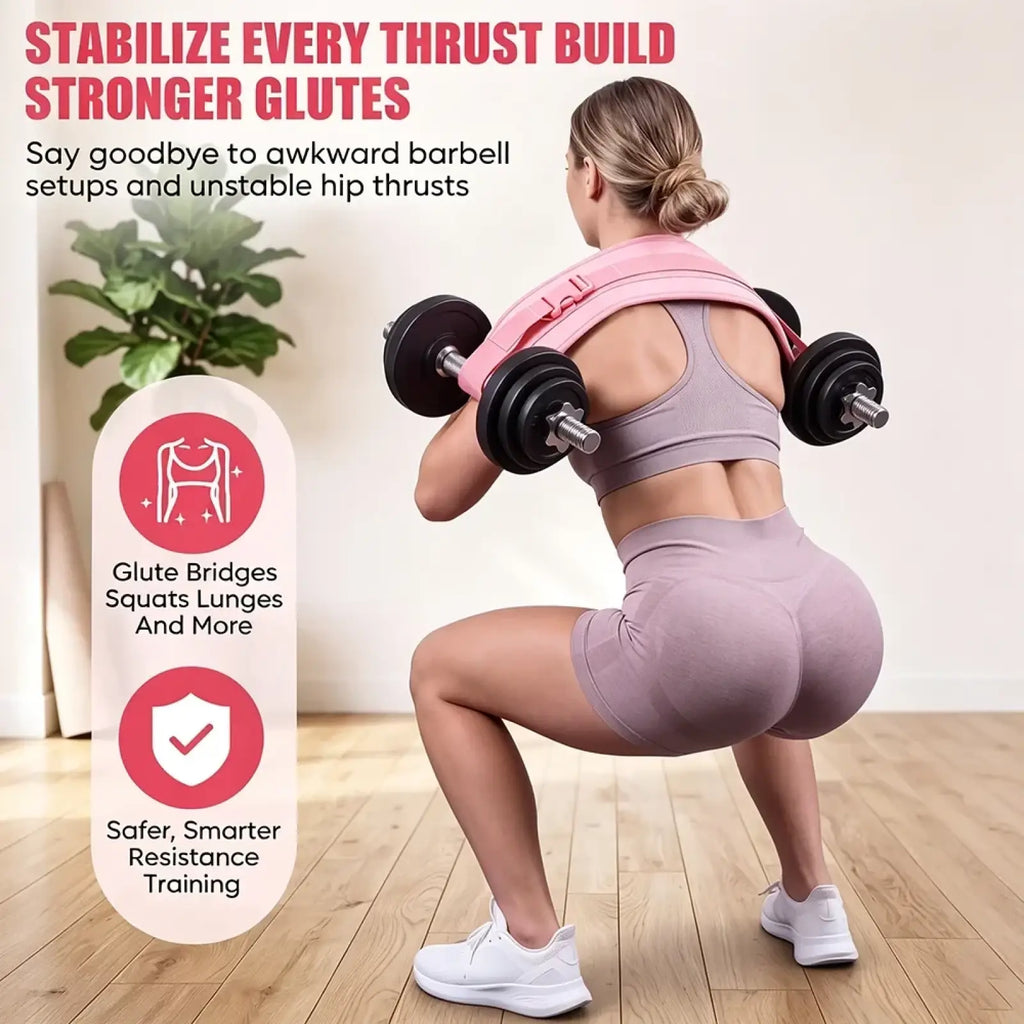 Pink weighted hip thrust belt with padded glute support for comfortable and effective glute training exercises