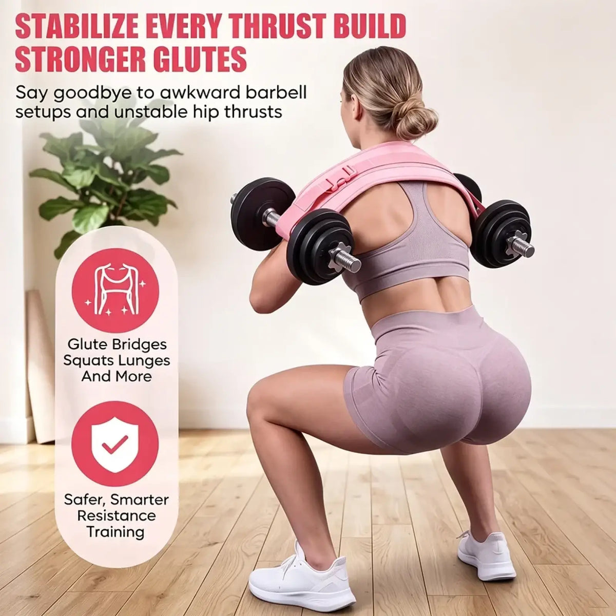 Pink weighted hip thrust belt with padded glute support for comfortable and effective glute training exercises