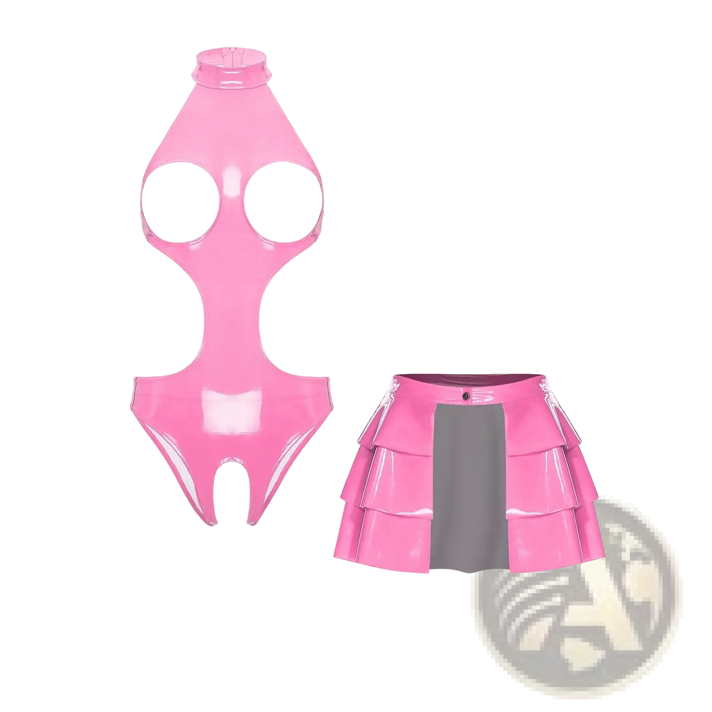 Pink wet look pu leather bodysuit with cutouts and matching glossy tiered skirt featuring a gray panel