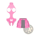 Pink wet look pu leather bodysuit with cutouts and matching glossy tiered skirt featuring a gray panel