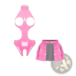 Pink wet look pu leather bodysuit with cutouts and matching glossy tiered skirt featuring a gray panel