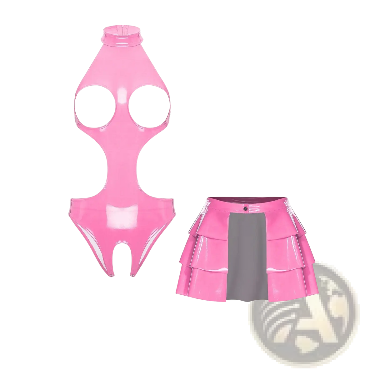 Pink wet look pu leather bodysuit with cutouts and matching glossy tiered skirt featuring a gray panel