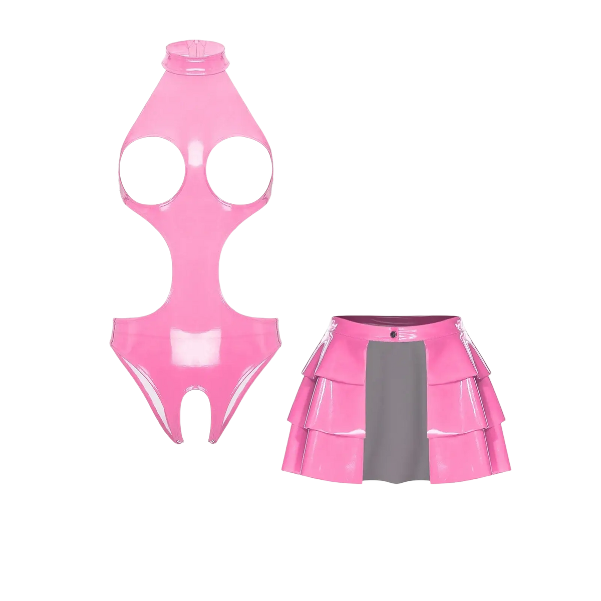 Pink wet look pu leather bodysuit with cutouts and matching glossy tiered skirt featuring a gray panel