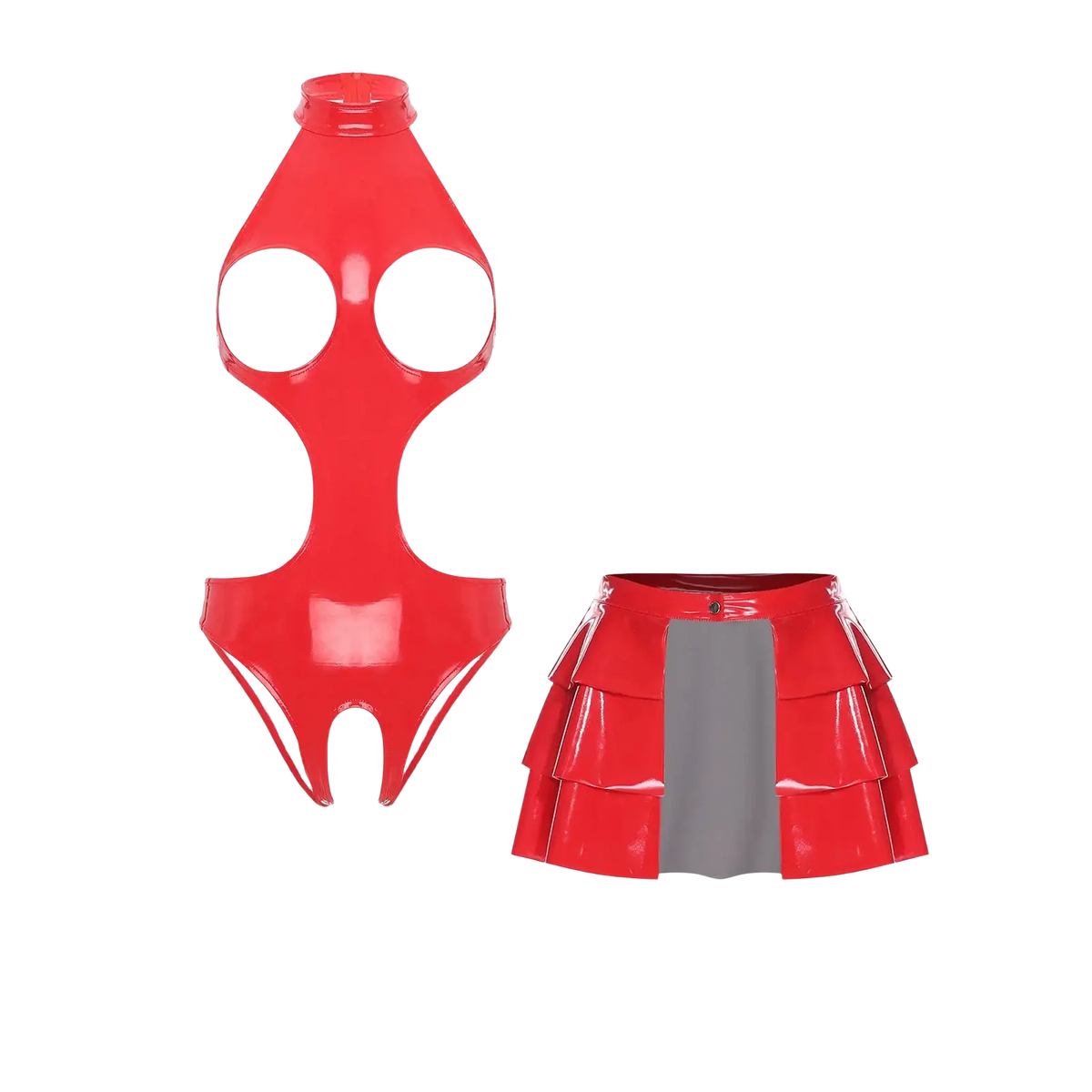 Red patent leather two-piece outfit with cut-out bodysuit and tiered skirt featuring gray panel in wet look pu leather