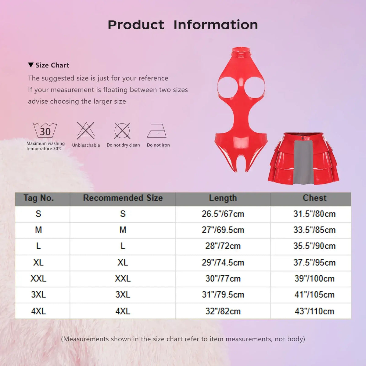 Red wet look pu leather bodysuit with cut-out design and matching ruffled skirt set in plastic material