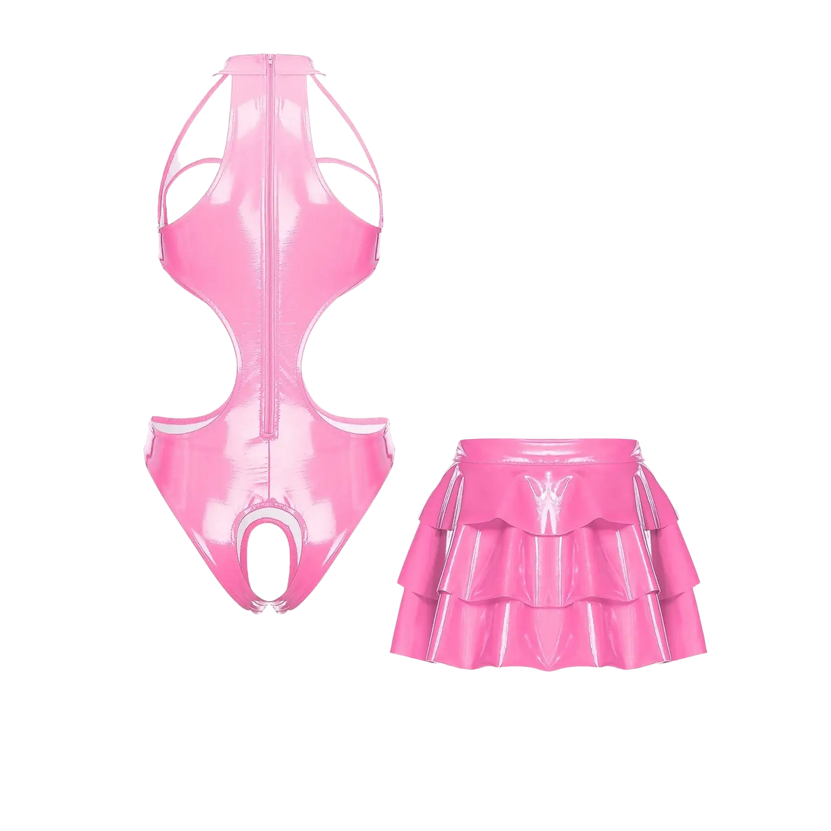 Shiny pink wet look pu leather bodysuit with cutouts and matching ruffled tiered skirt set for stylish wear