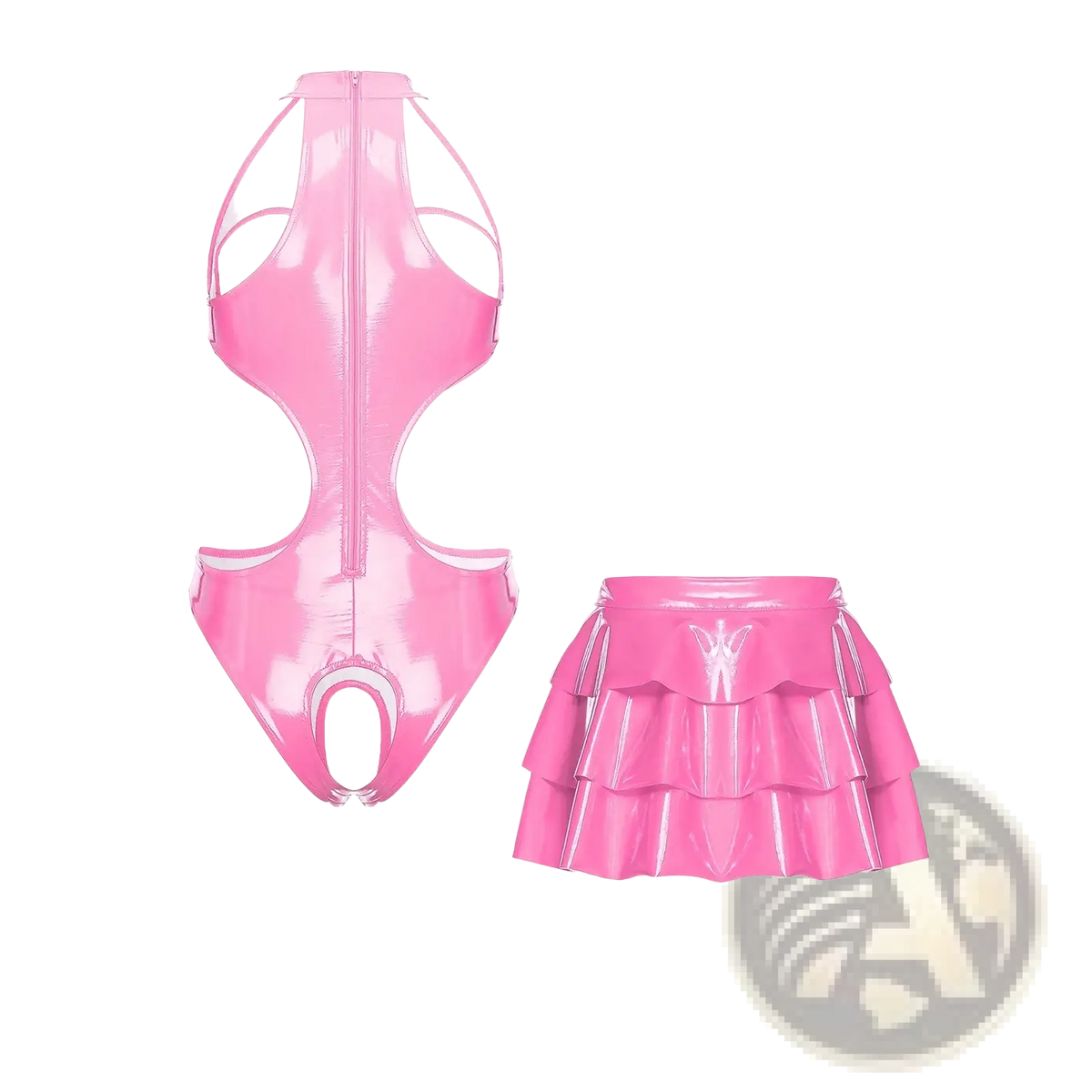 Shiny pink wet look pu leather bodysuit with cutouts and matching ruffled tiered skirt set for stylish wear