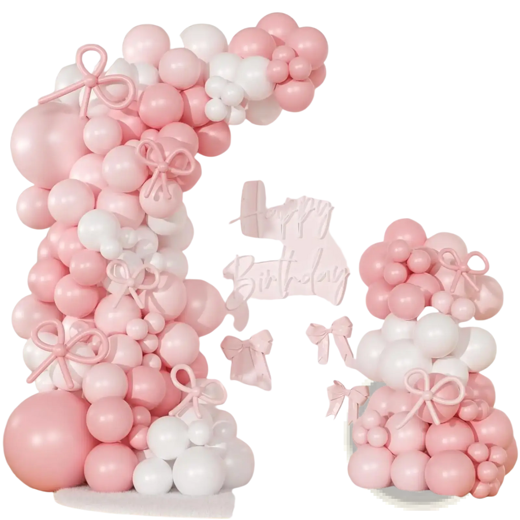 Pink white bow balloon garland arch kit featuring a delicate pink and white balloon arch with matching bows for birthdays