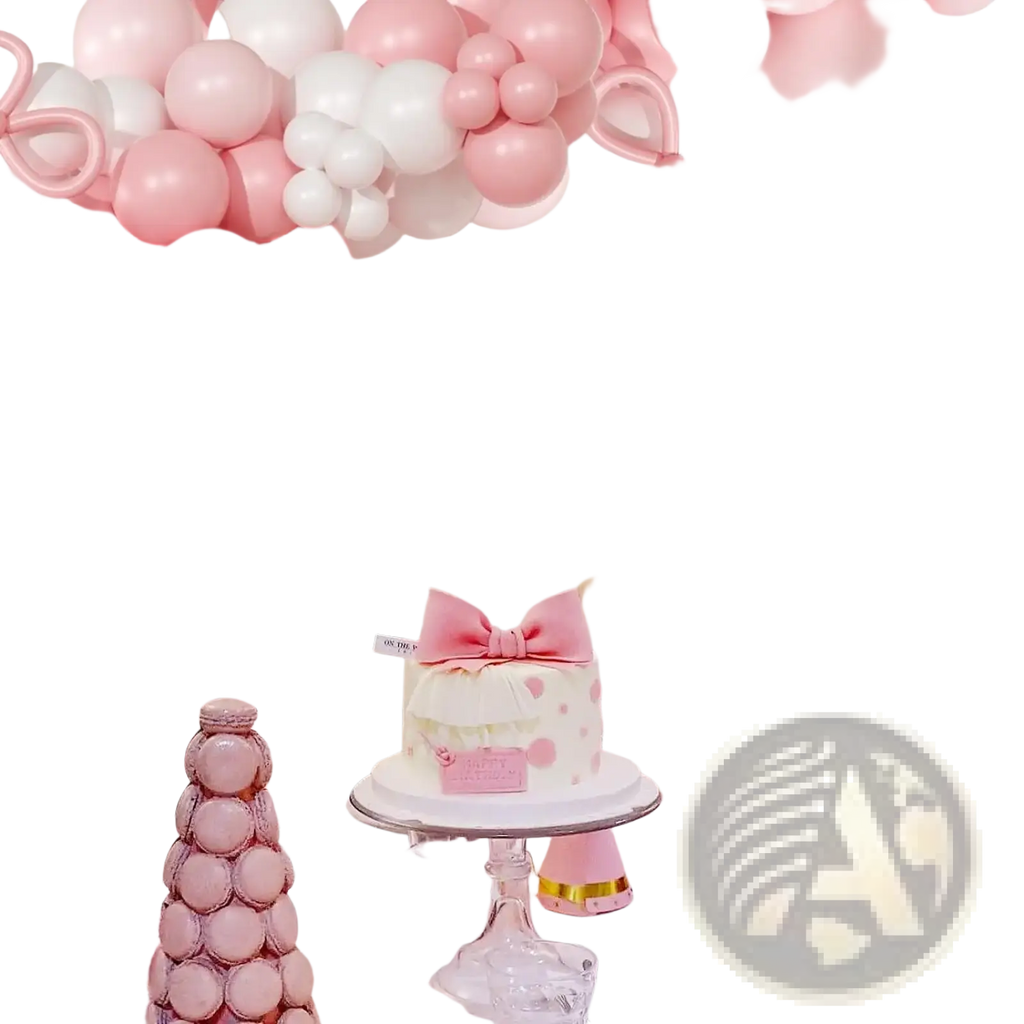 A delicate white cake decorated with a pink bow and polka dots topped with a small pink plaque for dessert display