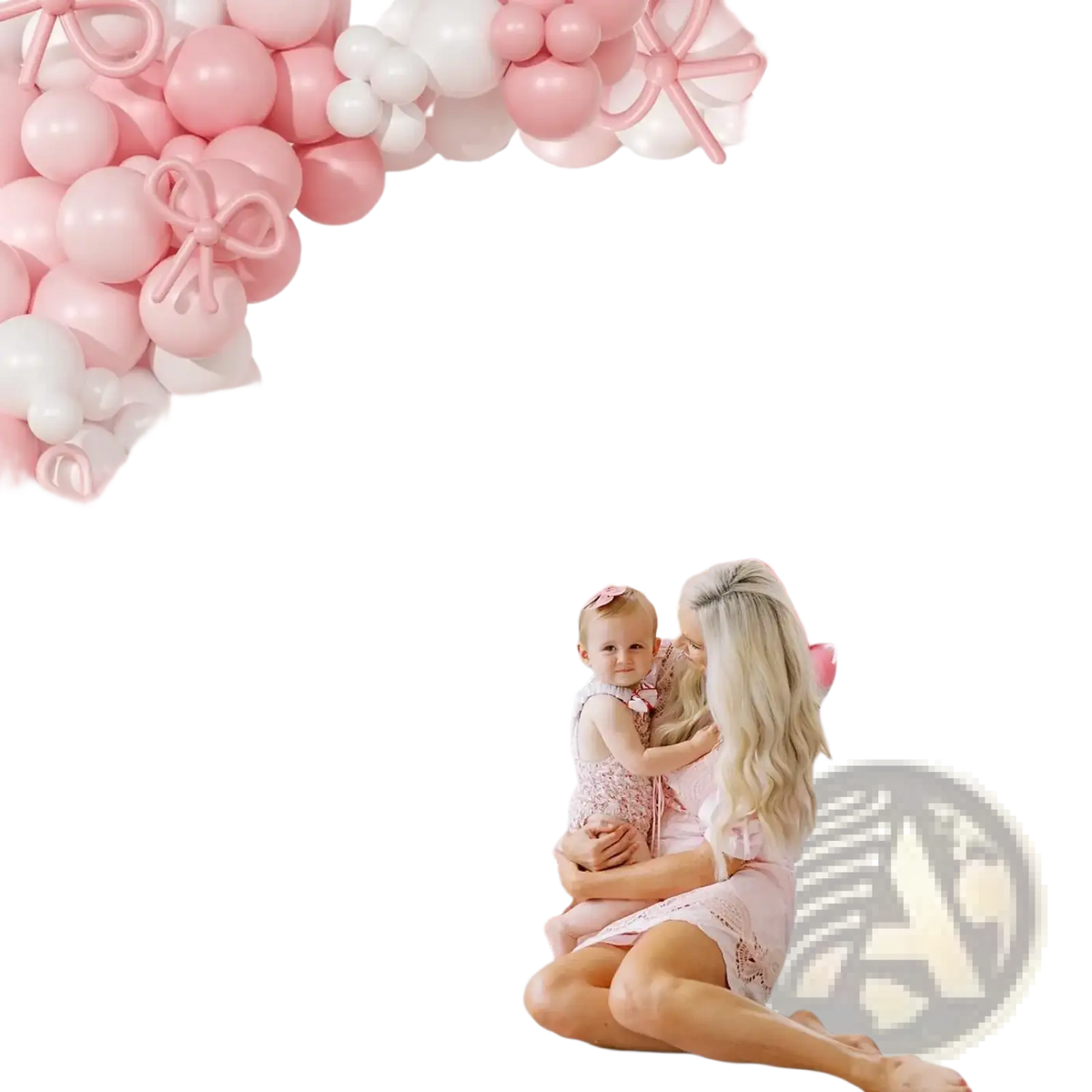 A soft pink plush seashell-shaped cushion with textured surface featured in pink white bow balloon garland arch kit