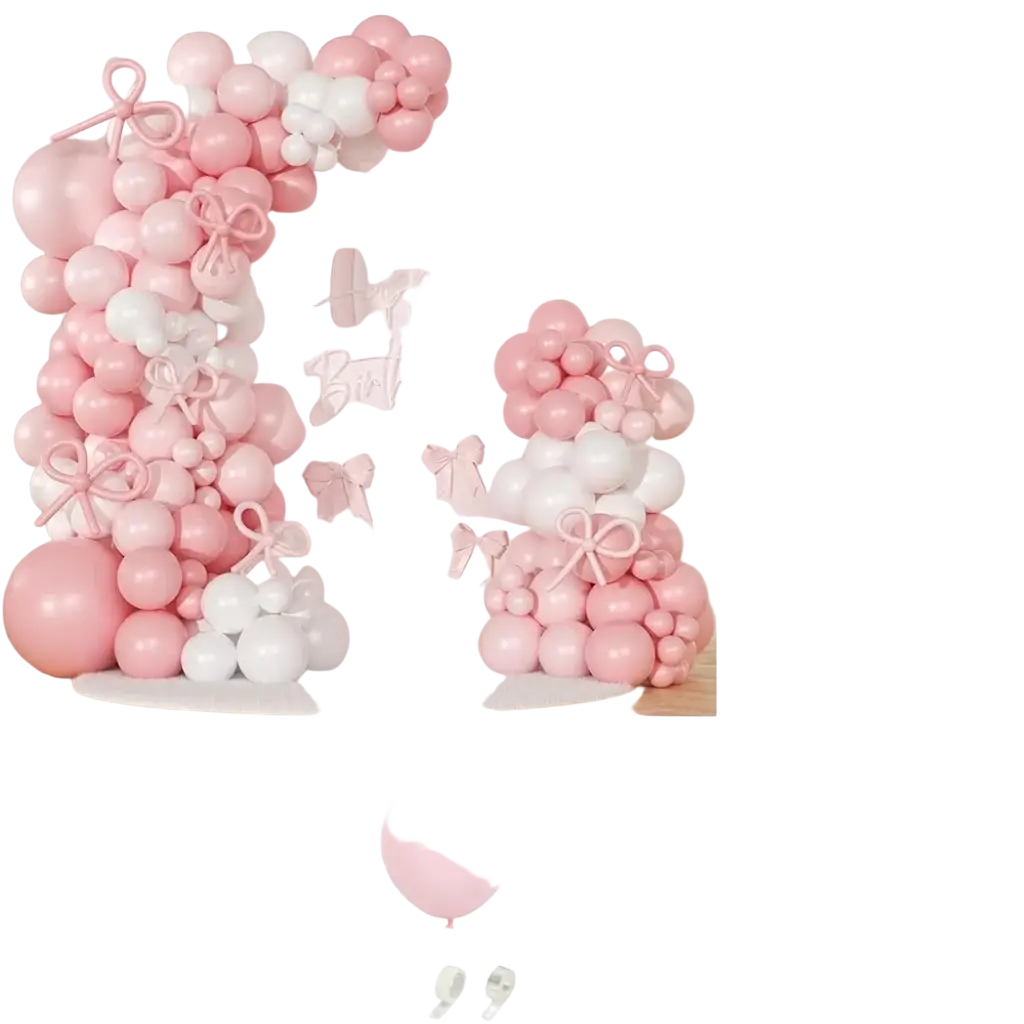 Pink white bow balloon garland arch kit featuring a decorative balloon arch with latex balloons and matching ribbon bows