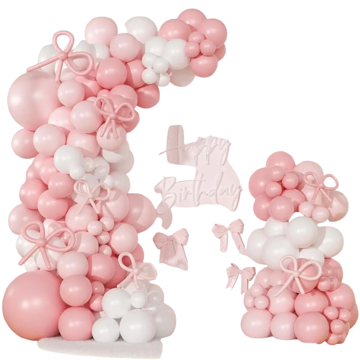 Pink white bow balloon garland arch kit featuring a delicate pink and white balloon arch with matching bows for birthdays