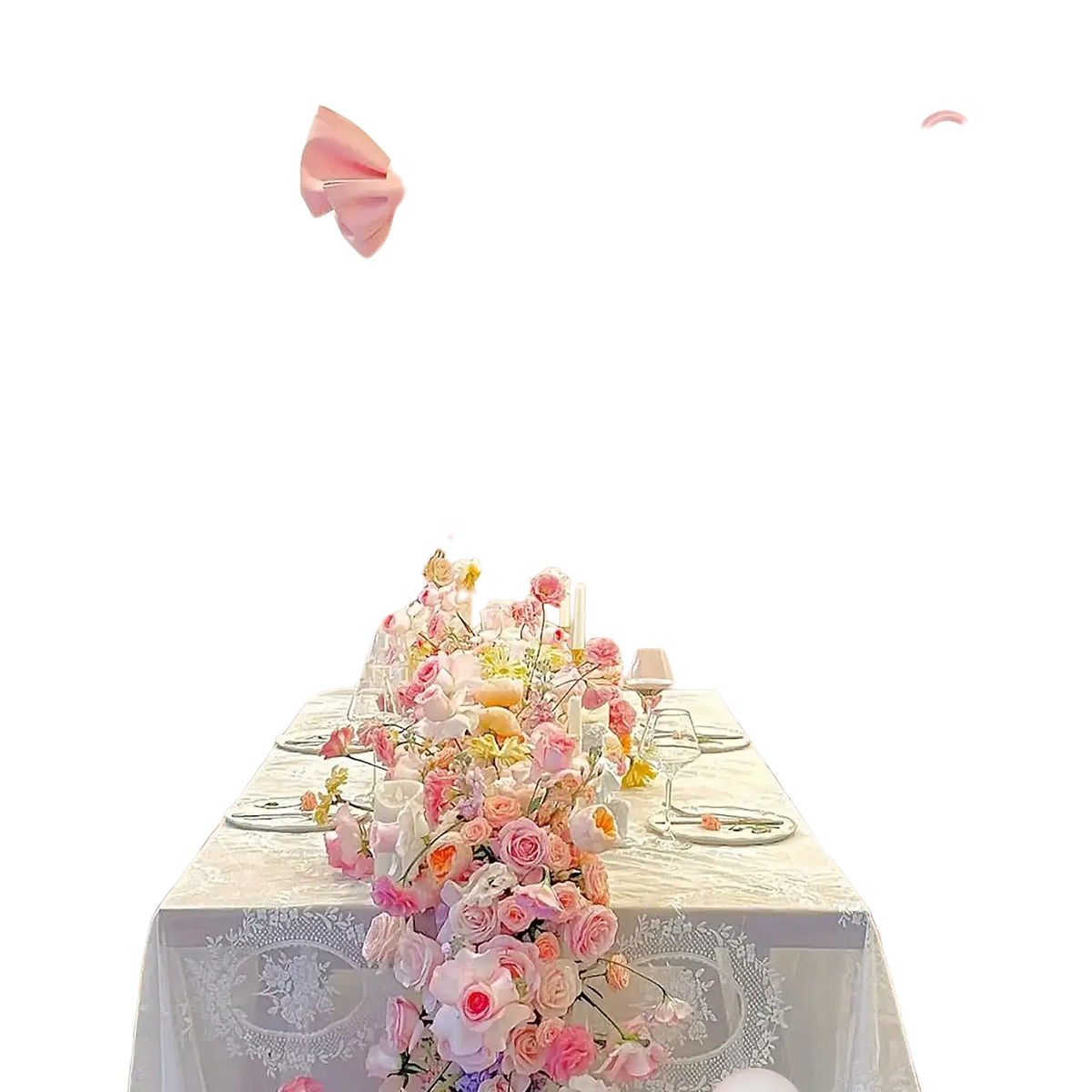 A pink and white balloon garland arch kit featuring delicate balloon bows for decorative events and celebrations